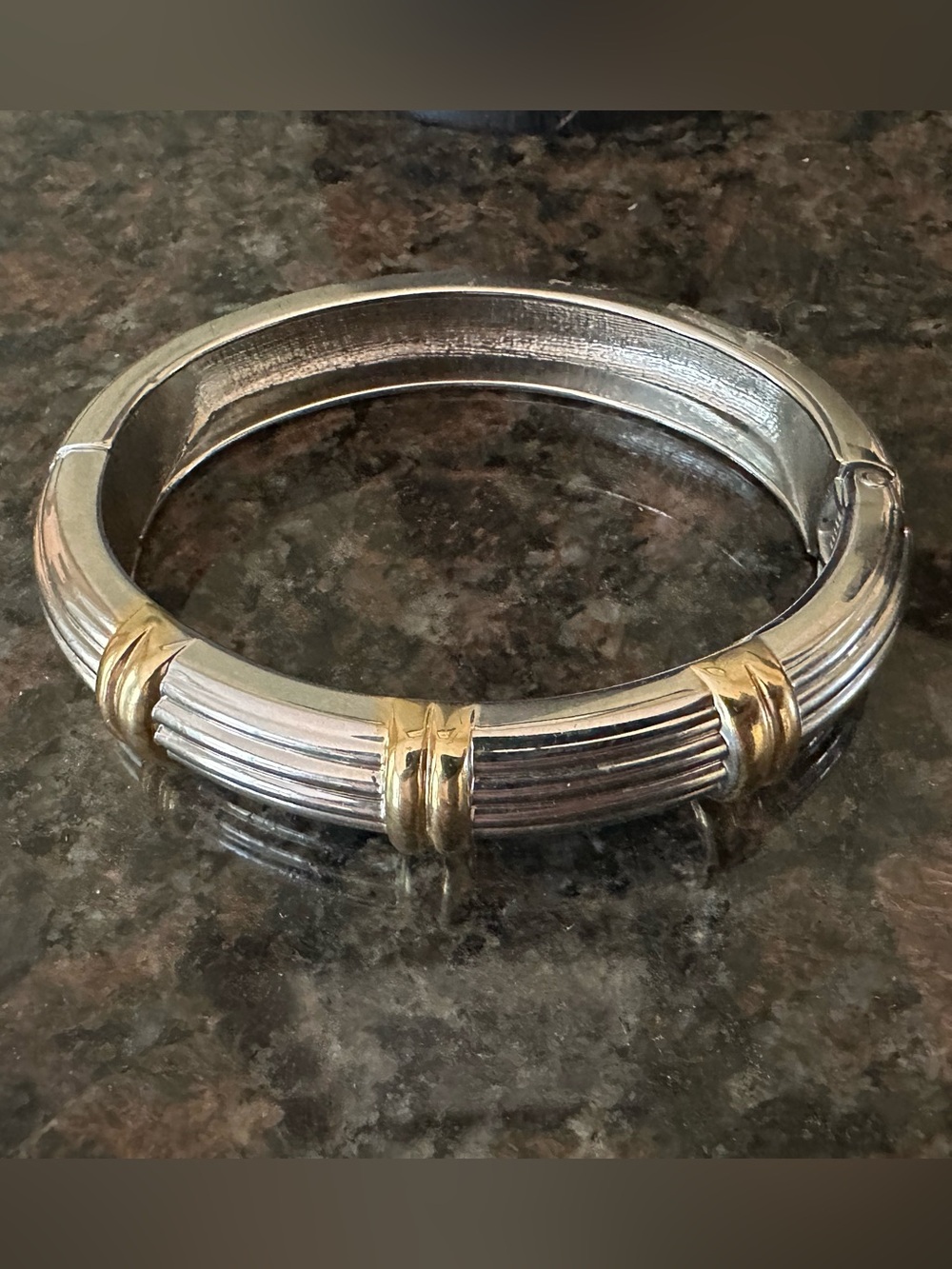 Two-Tone Silver and Gold Ribbed Bangle Bracelet - Picture 2 of 6